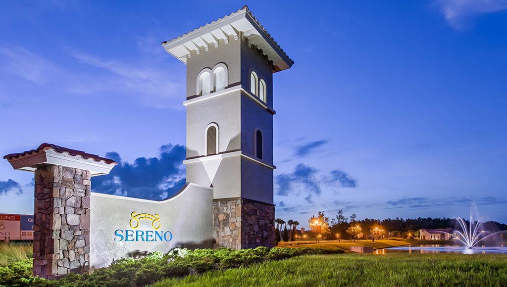 Sereno entrance sign and fountain in pond