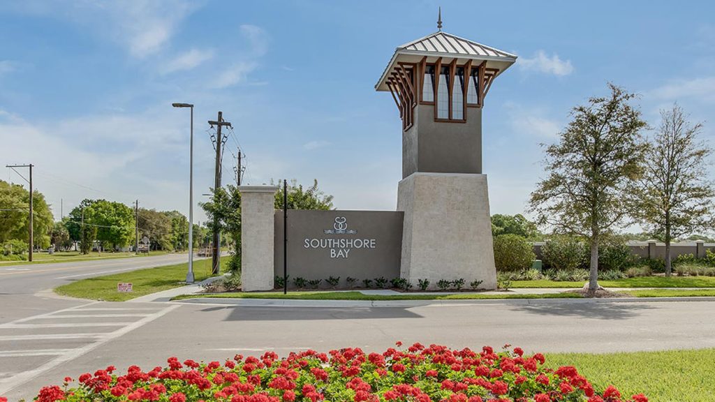 Southshore Bay entrance sign and tower