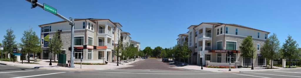 Highland Park apartments on both sides of street panorama
